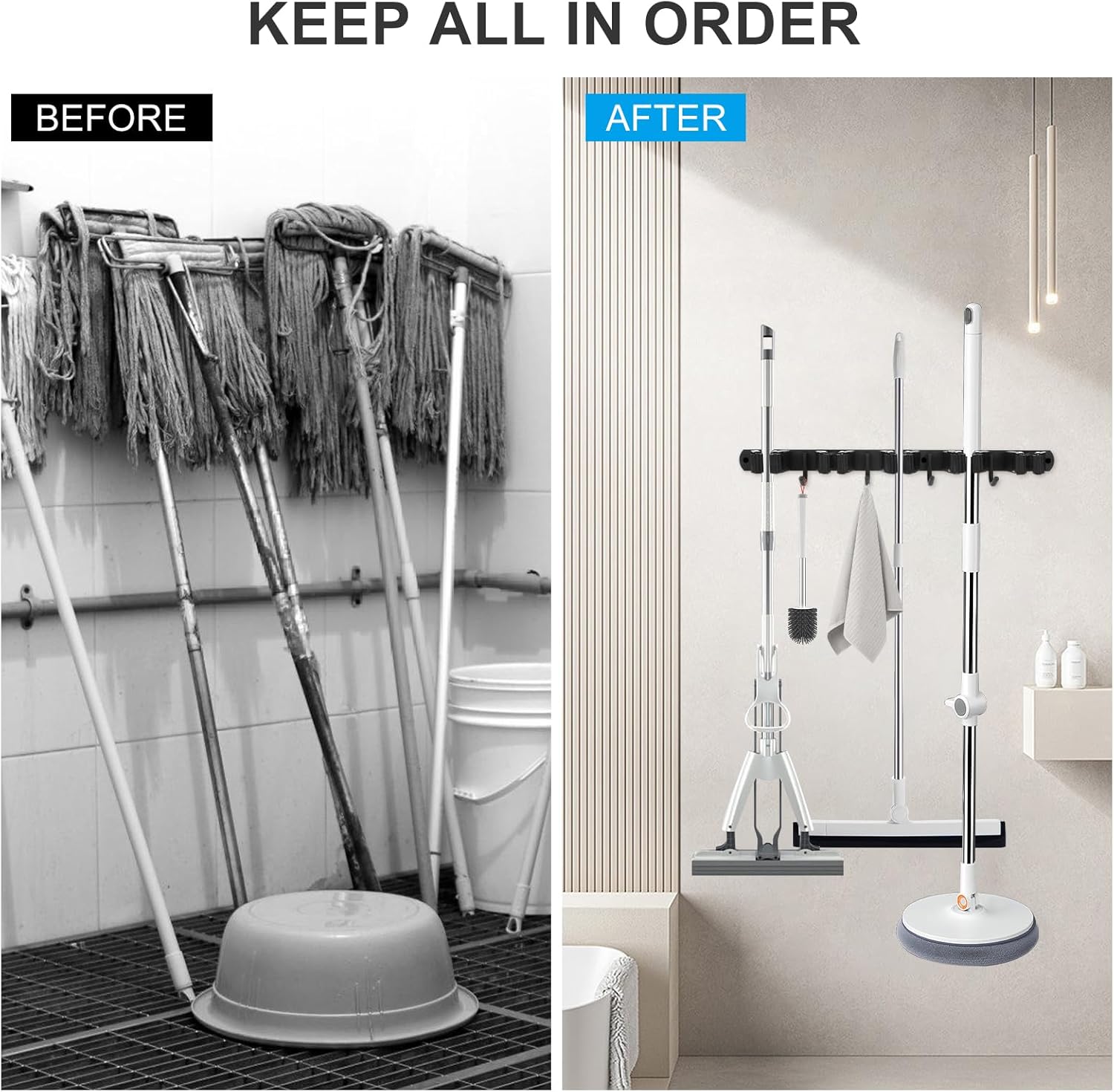Stainless Steel Mop and Broom Holder, Storage Organizer Wall Mounted,5
