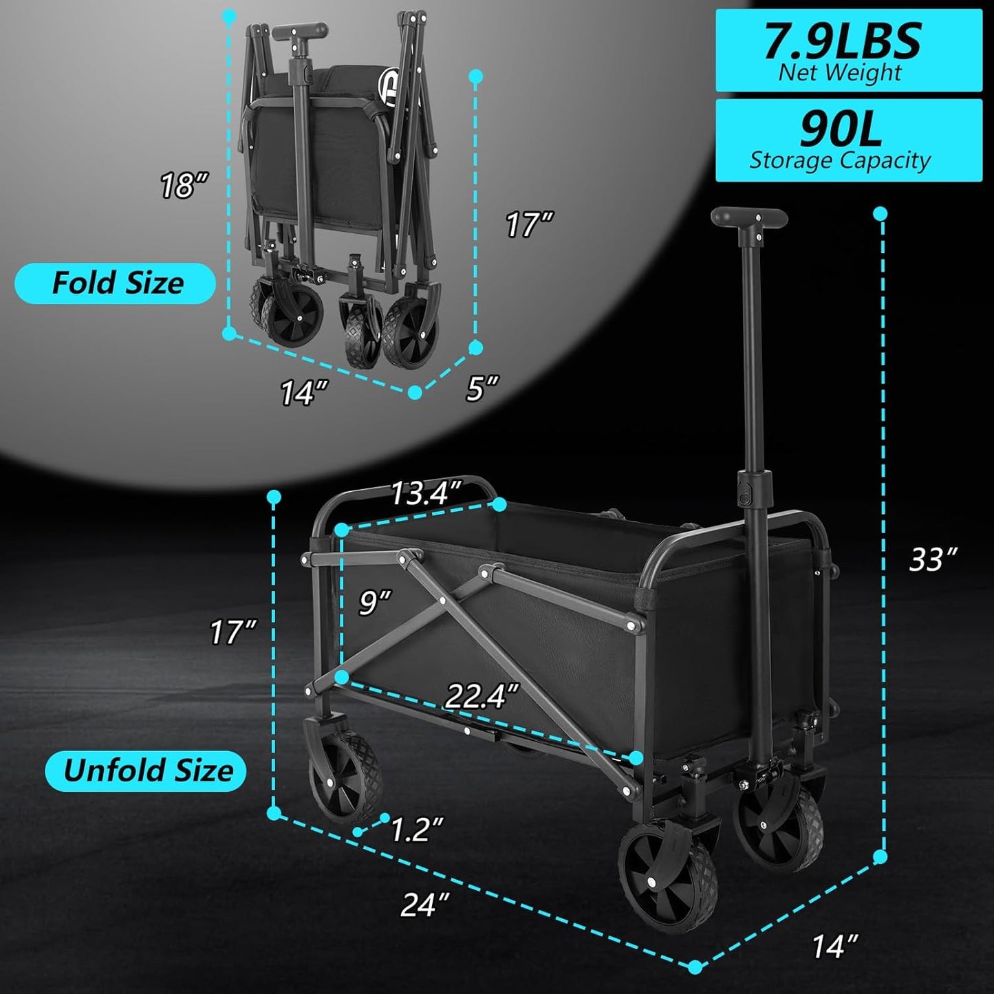 330LBS Collapsible Wagon Cart - Foldable Beach Folding Wagon with Wheels - Large Capacity Outdoor Utility Cart for Shopping, Groceries, Camping, Gardening