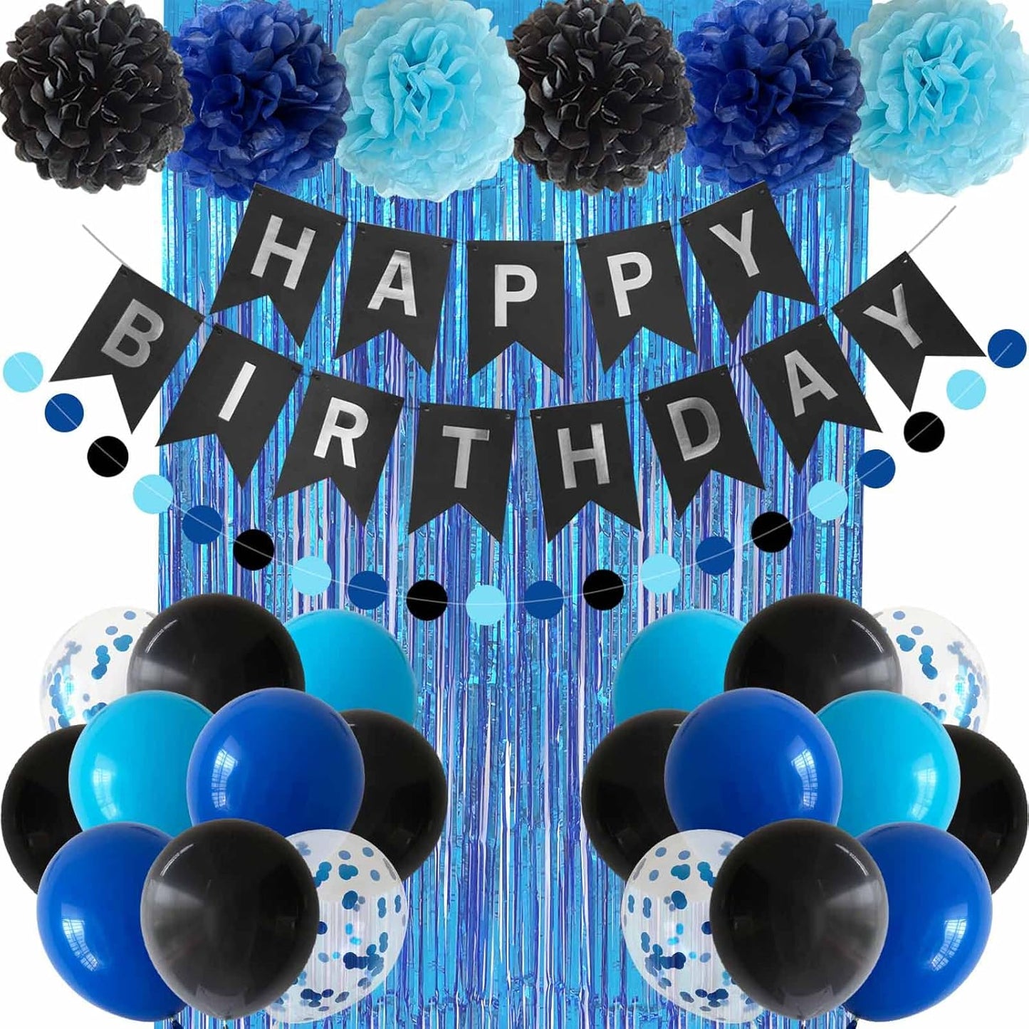 ANSOMO Blue and Black Happy Birthday Party Decorations for Boys Men Banner Balloons Navy Royal Light Blue Pom Poms Foil Curtain Décor Supplies 13th 16th 18th 20th 30th 40th 50th 60th 70th 80th