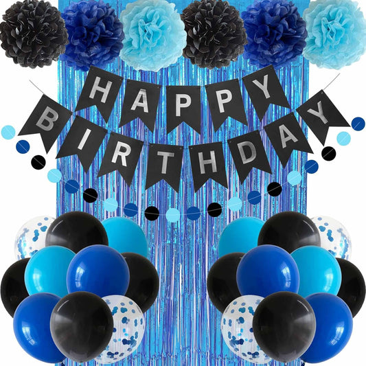 ANSOMO Blue and Black Happy Birthday Party Decorations for Boys Men Banner Balloons Navy Royal Light Blue Pom Poms Foil Curtain Décor Supplies 13th 16th 18th 20th 30th 40th 50th 60th 70th 80th