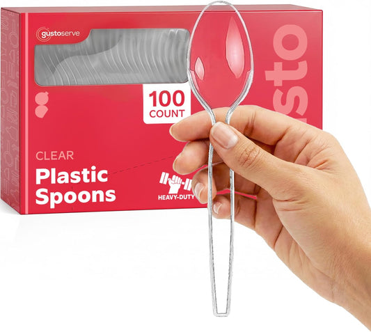 GUSTO Heavy Duty Plastic Spoons [100 Count] Clear, Disposable Cutlery for Parties, Events, Catering & Everyday Meals – BPA-Free, Durable Tableware (Formerly Comfy Package)