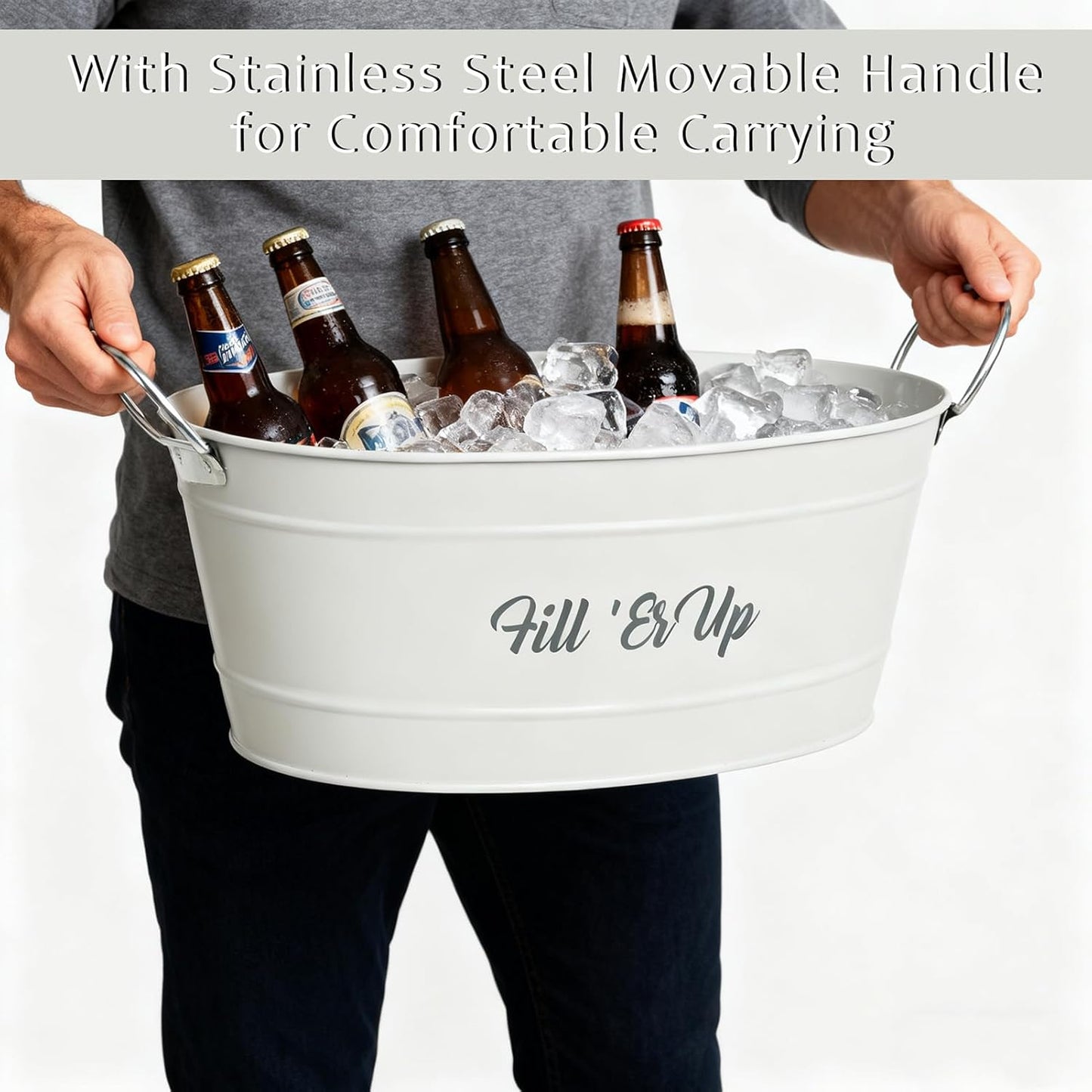 2-Pack White Metal Ice Bucket, Beverage Cooler Tub with Stainless Steel Handle - Reinforced Ribbed Design, Silk-Screened Logo & Powder-Coated Surface for Party, Beverage Cooling & Storage