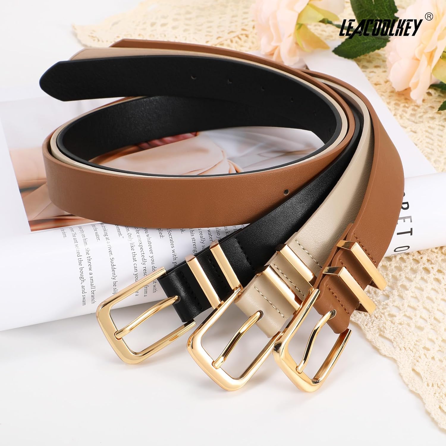 LEACOOLKEY 3 Pack Women's Leather Belts for Jeans Dress Pants Fashion 