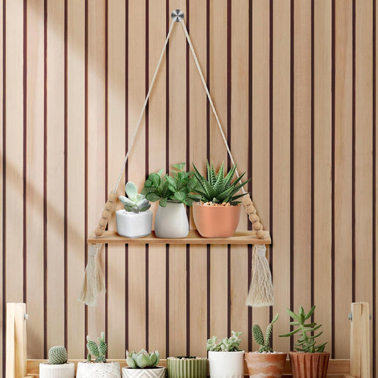 2 Pcs Wooden Wall Hanging Shelves, Macrame Hanging Plant Shelf with Tassel,Boho Storage Floating Shelves Handmade Rustic Hanger Planter Rack Pot Stand Holder for Bedroom Dorm Nursery Living Room