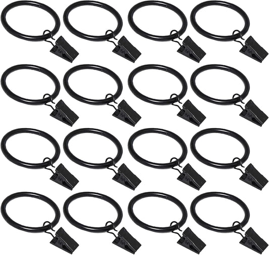 16 Pack Curtain Rings with Clips, Window Clip Rings Black Curtain Hooks Hangers Clip Rings for Hanging Drapery Drapes Bows, Small 1.26 Inch in Diameter, Fits up to 1" Rod