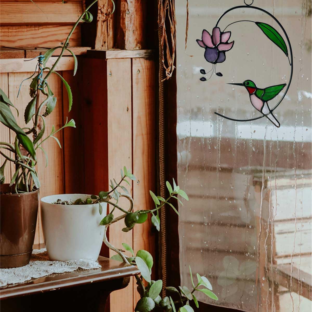 Handcrafted Hummingbird Stained Glass Window Hanging - Suncatcher With Blooming Fuchsia Flower for Window Decor - Gift for Mom and Bird Lovers