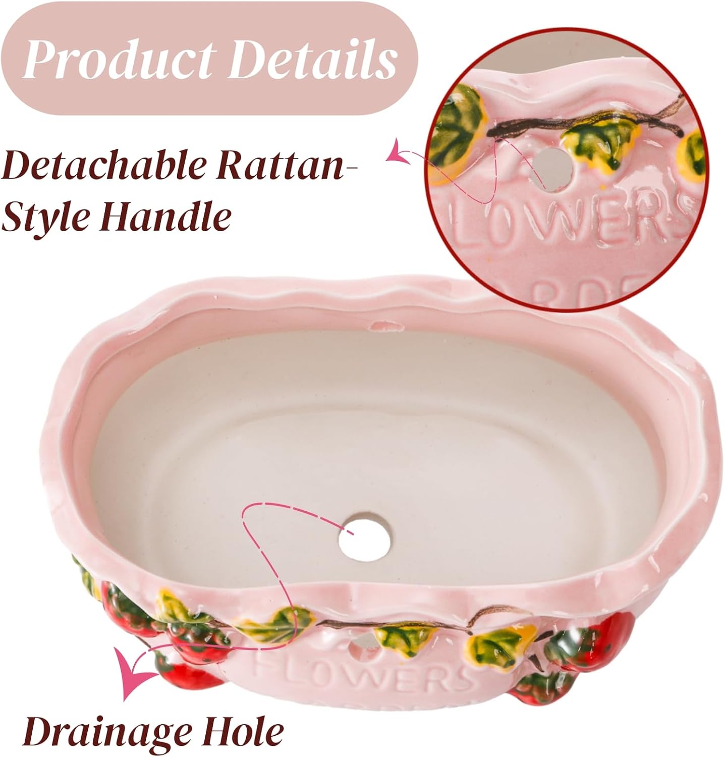 2 Pack Ceramic Succulent Planters, 7 Inch Shallow Bonsai Plant Pot with Handle Drainage Hole, Flower Container Bowl for Cactus Tree, Indoor Outdoor Office Decor, Strawberry Pattern