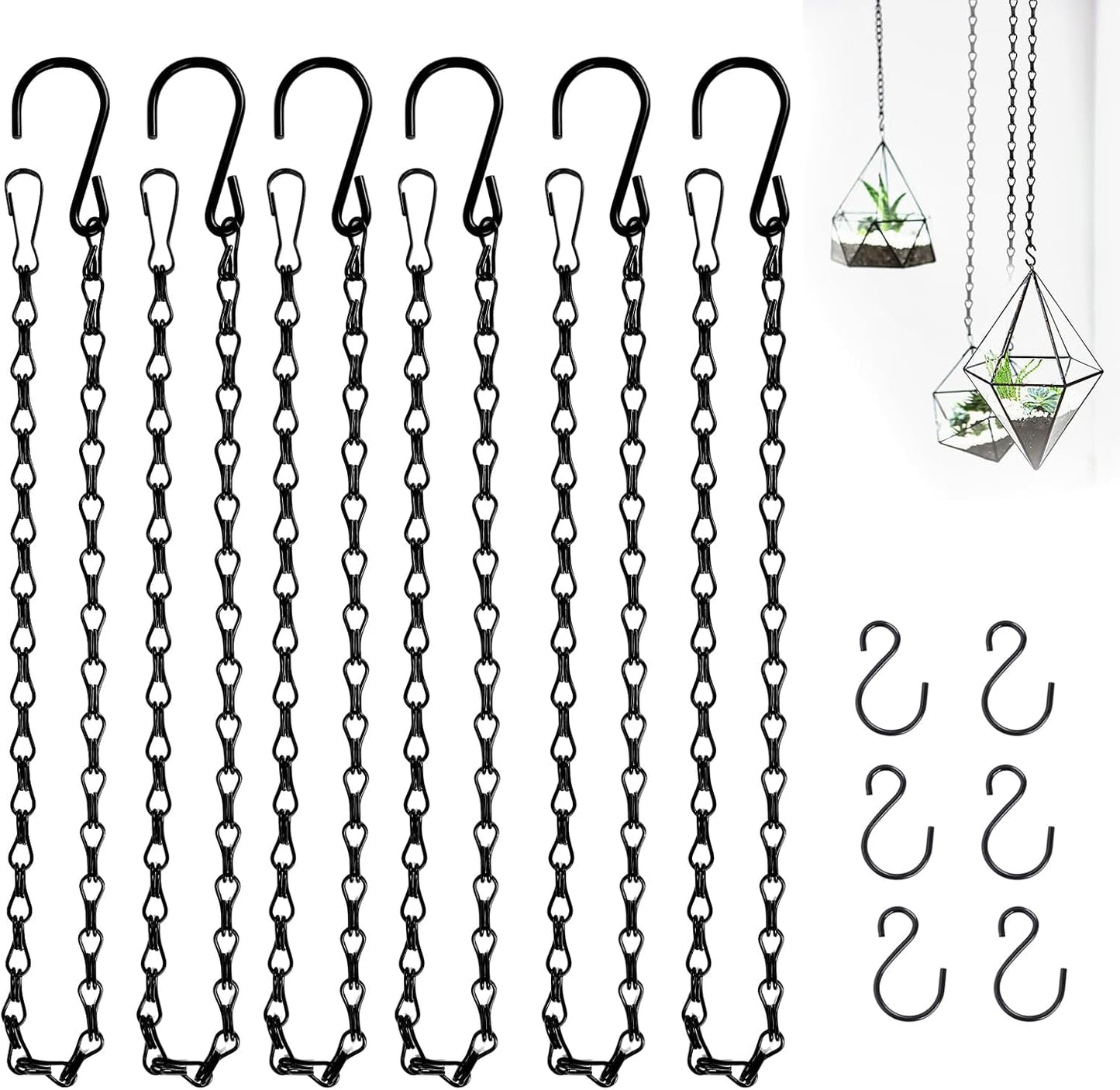 6PCS Hanging Chains with S Hooks, 24.2IN Long Chains with Clips, Adjustable Black Metal Chains Hanger for Plant, Sign, Bird Feeder, Wind Chime