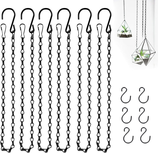 6PCS Hanging Chains with S Hooks, 24.2IN Long Chains with Clips, Adjustable Black Metal Chains Hanger for Plant, Sign, Bird Feeder, Wind Chime