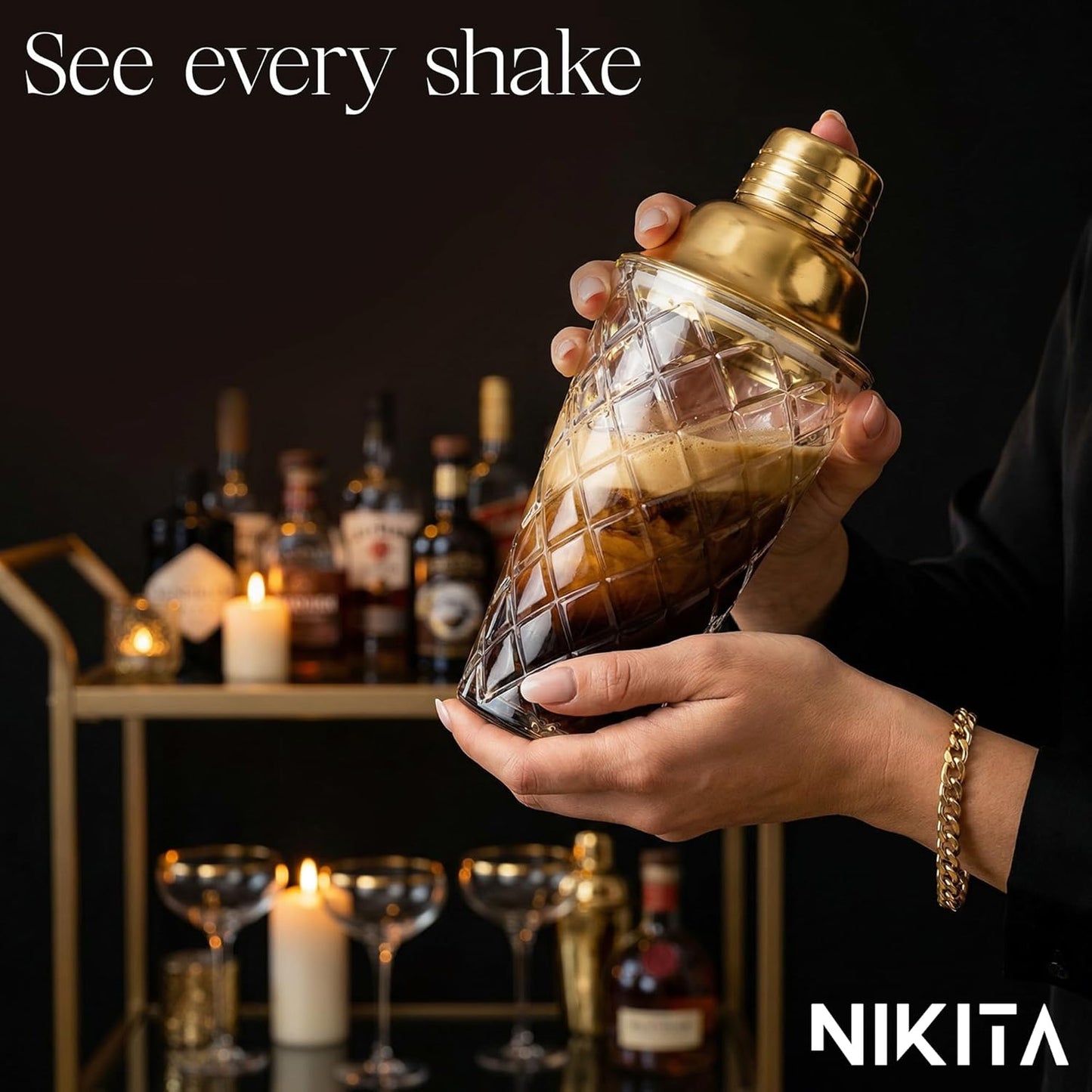 NIKITA by Niki Glass Cocktail Shaker Set, 5-Piece Martini Shaker & Bar