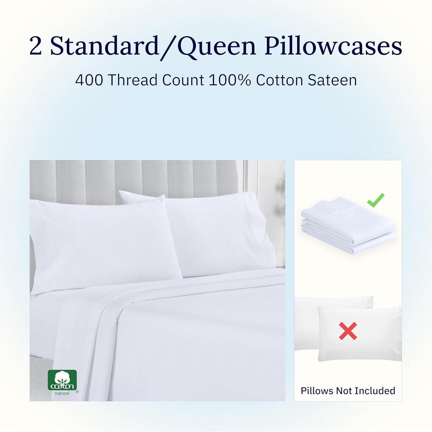 California Design Den Standard Queen Size Pillowcase Set - 400 Thread Count, 100% Cotton Sateen, Set of 2 Pillow Covers, Soft and Breathable - Bright White