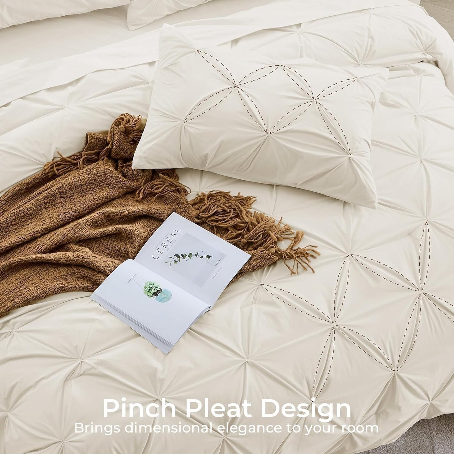 Sasttie Queen Comforter Set, 7-Piece Bed in a Bag, Pintuck Bedding Sets for All Season, Includes Comforter, Flat Sheet, Fitted Sheet, Pillowcases and Pillowshams, Beige