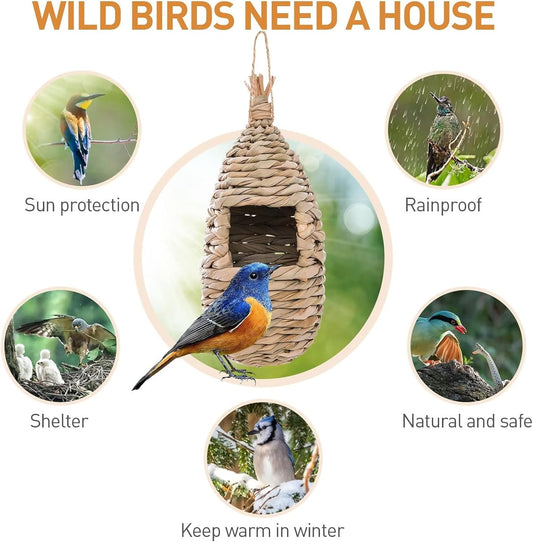 WDEFUN Humming Bird Houses for Outdoor Hanging, Natural Grass Bird Hut,Hand Woven Hummingbird Nest,Wren Finch Bird House for Garden Window Outdoor Home 3 Pack