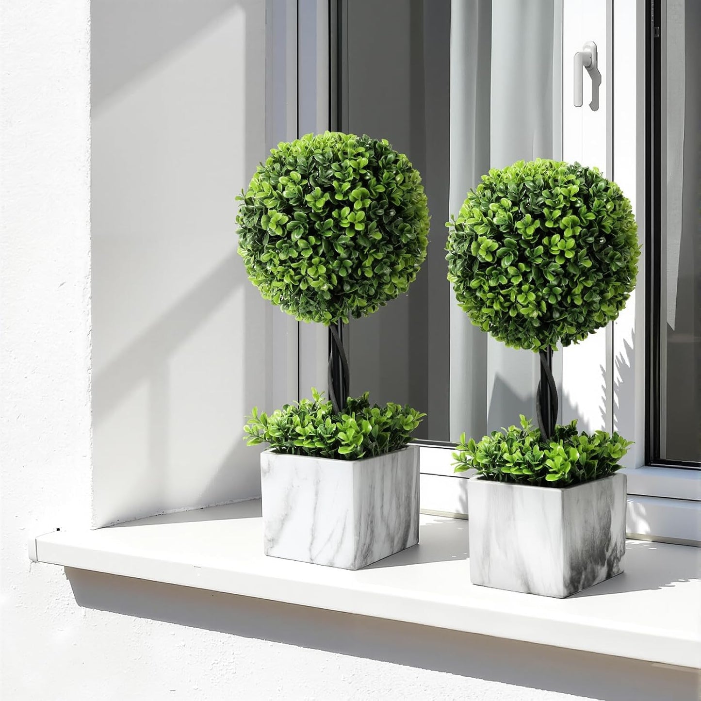 Lewondr 16'' Artificial Topiary Ball Tree, Small Potted Fake Plants, Artificial Boxwood Plants with White Planter Pot, Outdoor Indoor Realistic Faux Shrubs Tree for Home Office Porch Decor, Set of 2