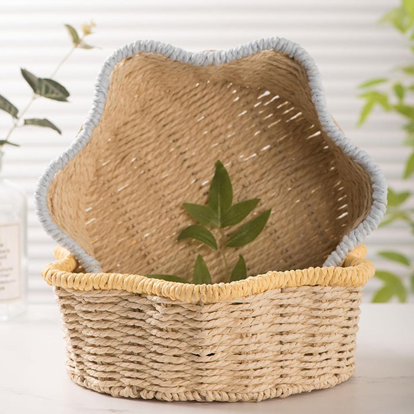 Handwoven Paper Rope Basket with Iron Frame Desktop Plant Holder & Hom