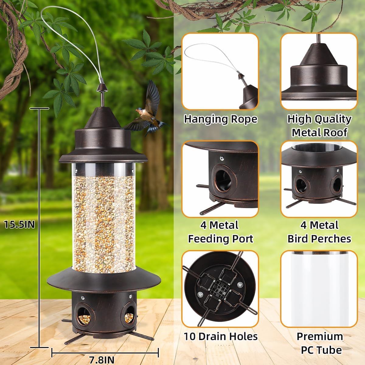 Squirrel Proof Bird Feeders - Gravity Protection Anti Squirrel Wild Metal Bird Feeders for Outdoors Hanging,Premium Hard Plastic Tube Bird Seed Feeder with 4 Feeding Ports for Blue Jay,Sparrow(Bronze)