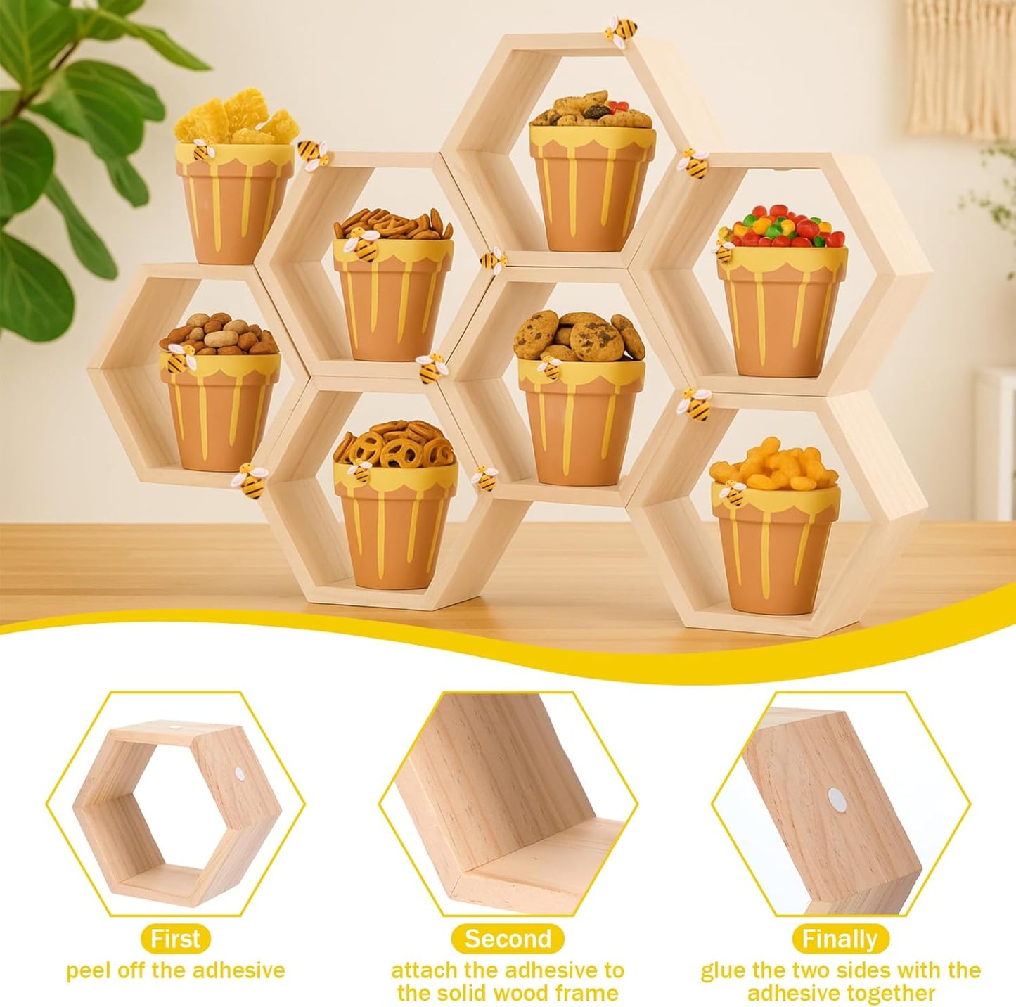 12 Set Ceramic Mini Honey Bee Pots with Honeycomb Stand Dippers Bee Charms Cupcake Planter Hexagon Display Holder Honey Party Favors for Baby Shower Guests Wedding Birthday Party Decor
