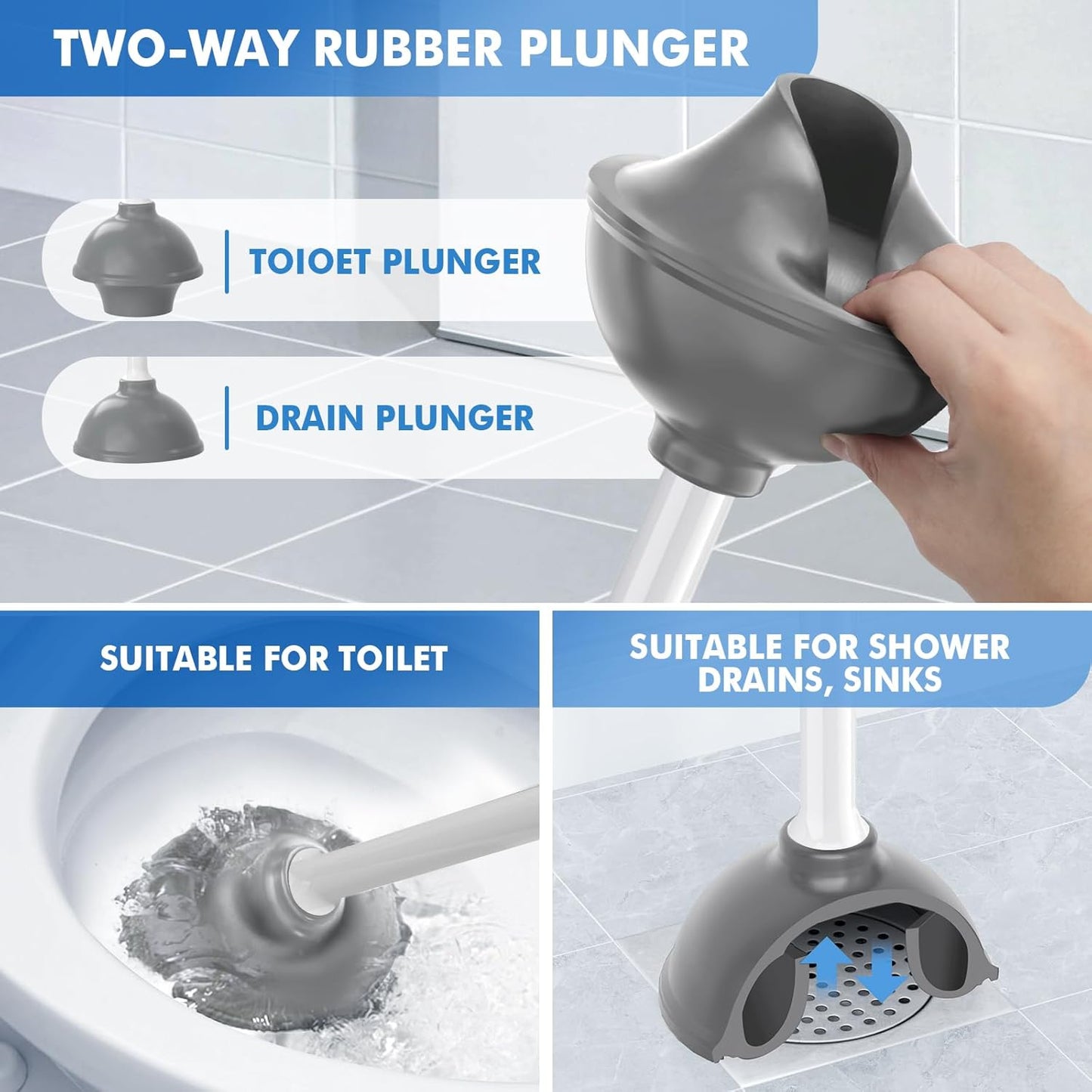 Toilet Plunger and Brush with Holder, Bowl Brush and Heavy Duty Toilet Plunger Set with Ventilated Holder, 2-in-1 Toilet Brush and Plunger Combo for 5.3-inch Toilet Drain New Pack (White, 1)