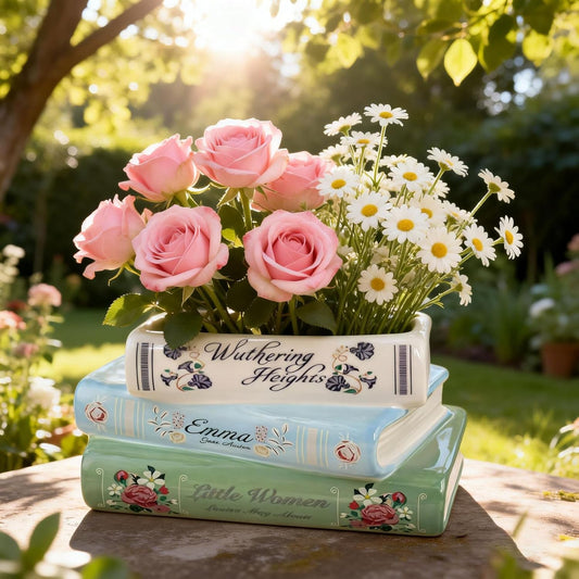 Book-Shaped Decorative Planter - Ceramic Book Vase for Flowers, Book Planter & Stacked Book Shaped Vase for Home, Office, Bookshelf for Book Lover Decor