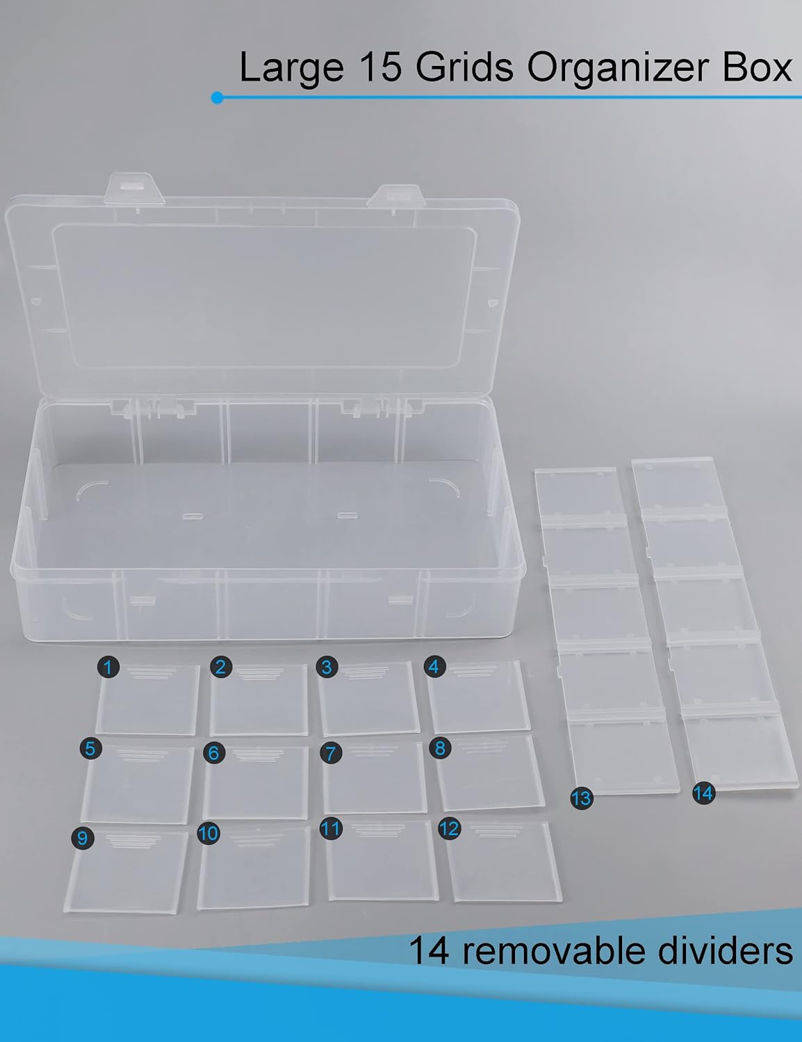 Hlotmeky Plastic Organizer Box with Dividers - Bead Organizer, 15 Large Grids, Clear Snack Box Container