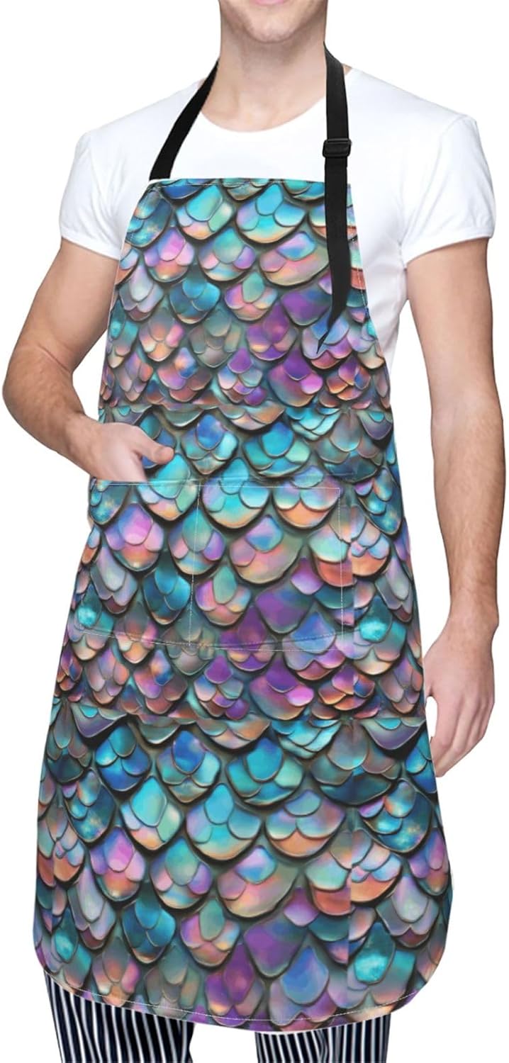 YANYU Mermaid Scale Print 28x33 In Kitchen Apron Stylish Chef Apron wi