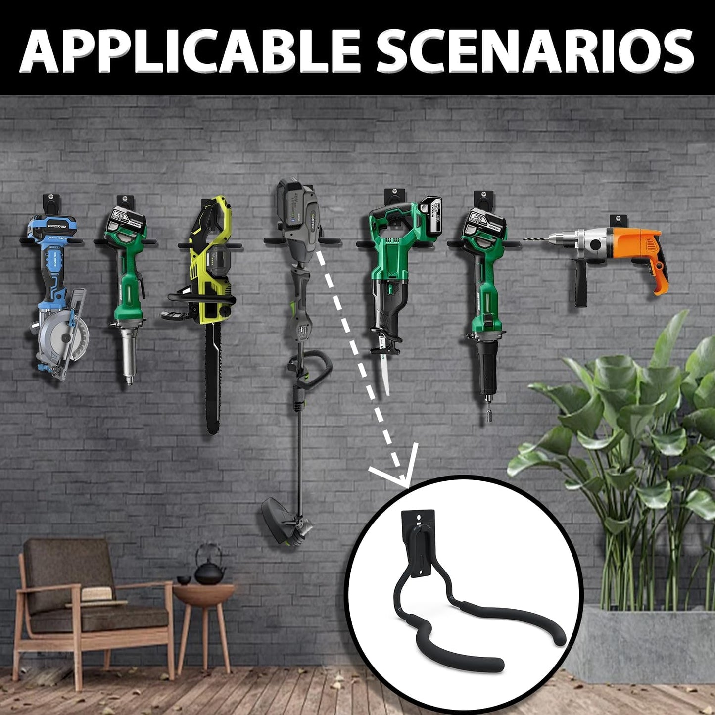 3-H Weed Eater Hanger 2 Pack,2 Garage Wall Hooks,2 Screw in Hooks,Utility Weedeater Rack,Tool Hangers for Organizing and Hanging Weed Wacker,Leaf Blower,String Trimmer,Power Tool in Garden