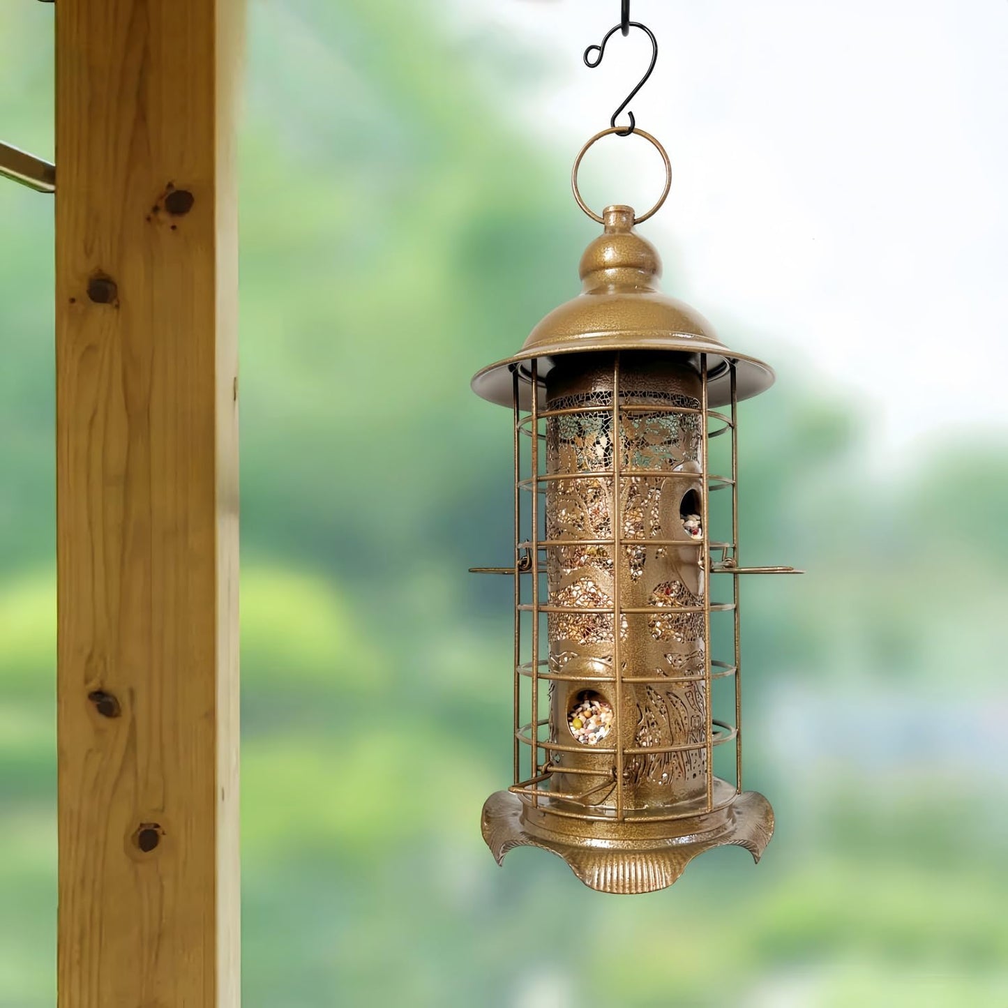Rustic Metal Hanging Bird Feeder for Outdoors, Weather Resistant Wild Seed Feeders with Protective Cage & Perches for Backyard Patio Porch Gift Idea for Women Mom Grandma Bird Lovers