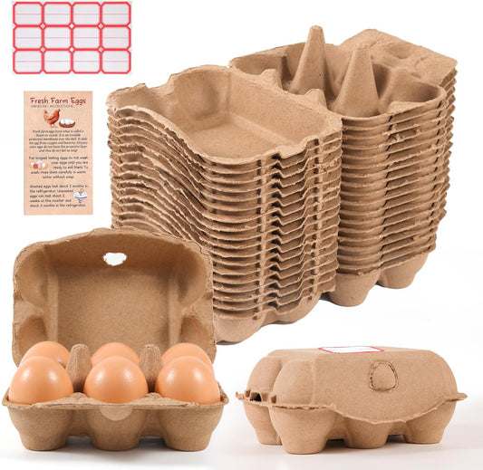 40 Pack Half Dozen Egg Cartons Bulk 6 Count, Empty Natural Paper Pulp 