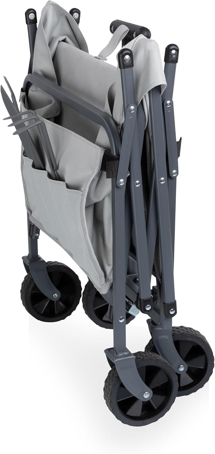 Picnic TIME Garden Wagon with 3 Piece Tools, Utility Cart with Wheels, Steel Frame Collapsible Wagon for Outdoor, Rolling Cart Featuring Telescopic Handle, Removable Insert, and Pockets, (Fog Gray)