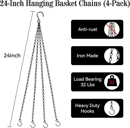 ZeeDix 4 Pack, 24 Inch Hanging Basket Chain with Hooks, Black Metal Planter Flower Pot Chain for Hanging Plants, Adjustable Replacement Chain for Lanterns, Bird Feeders and Flowers