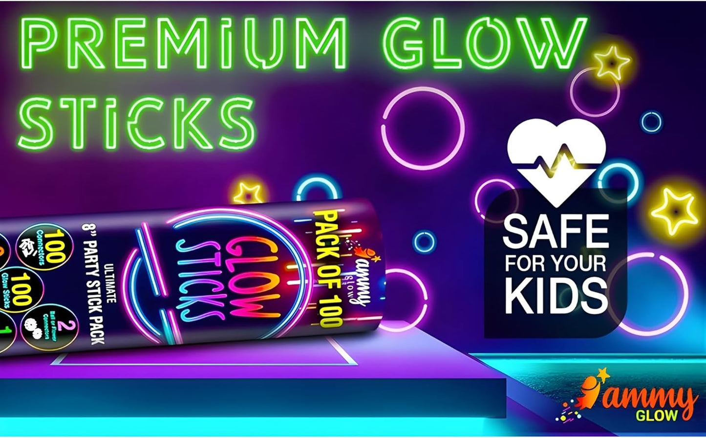 Ammy Glow-205 Pcs Glow Sticks-100 Pack Bulk Party favors for Kids-Neon Glow in The Dark Party Supplies - Eye Glasses, Glow Bracelets & Necklaces -Party Lights For Birthdays & Weddings