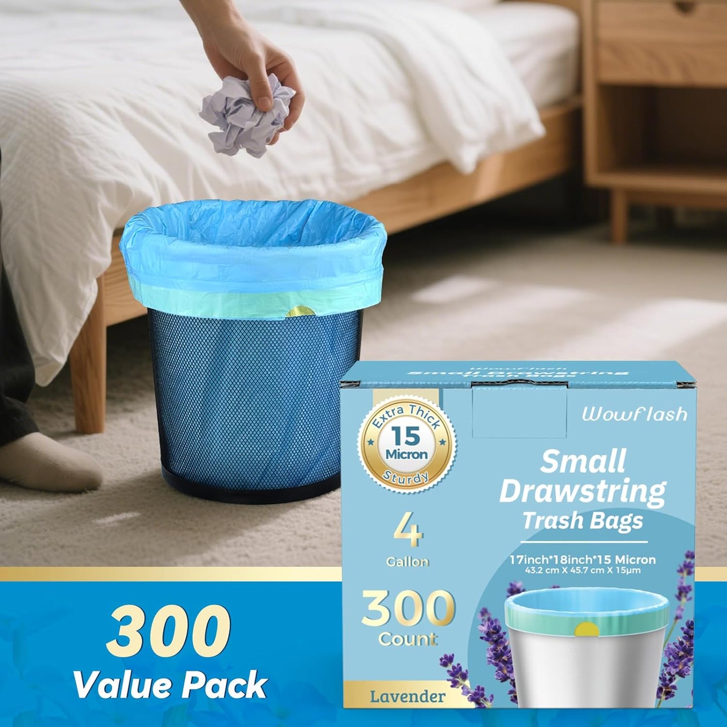 300 Count 15 Micron Extra Thick 4 Gallon Drawstring Small Trash Bags, 