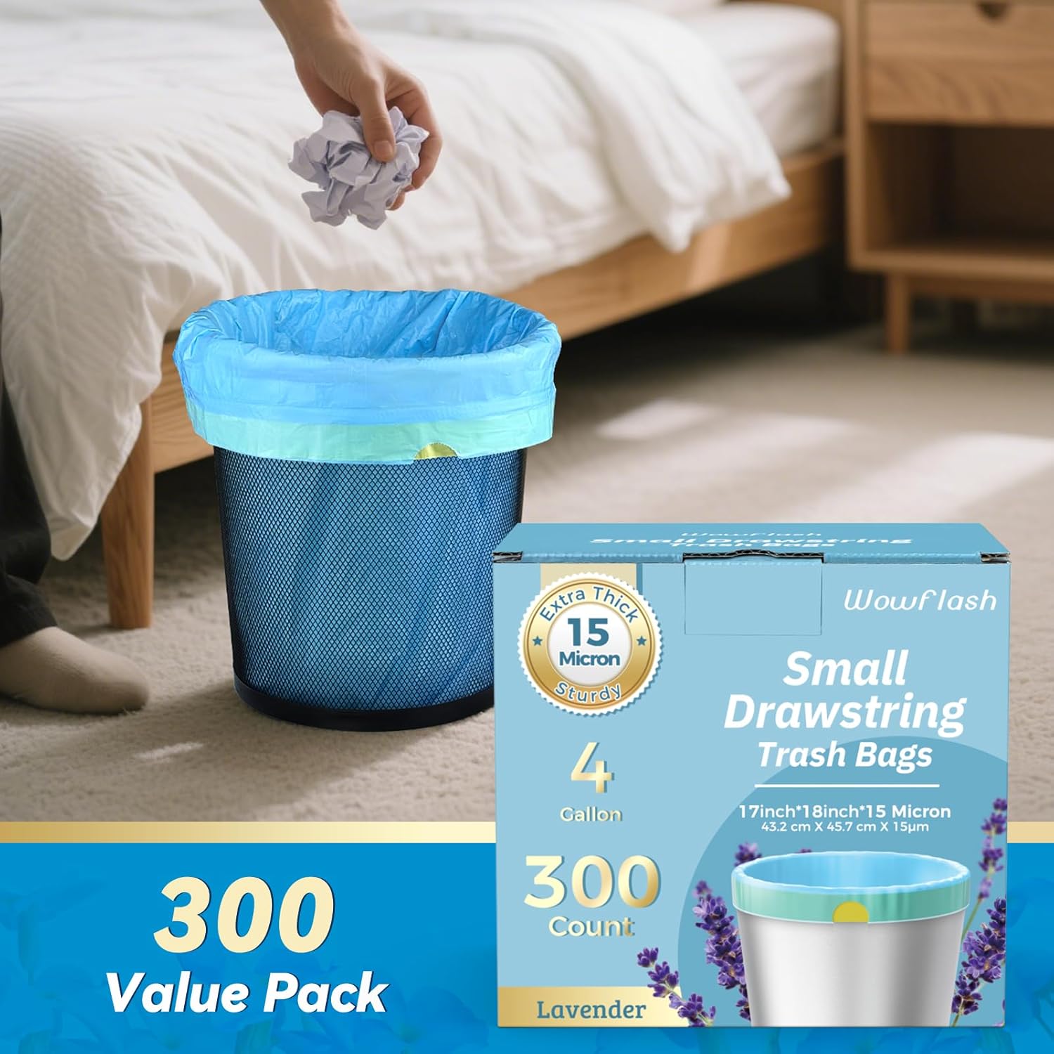300 Count 15 Micron Extra Thick 4 Gallon Drawstring Small Trash Bags, 