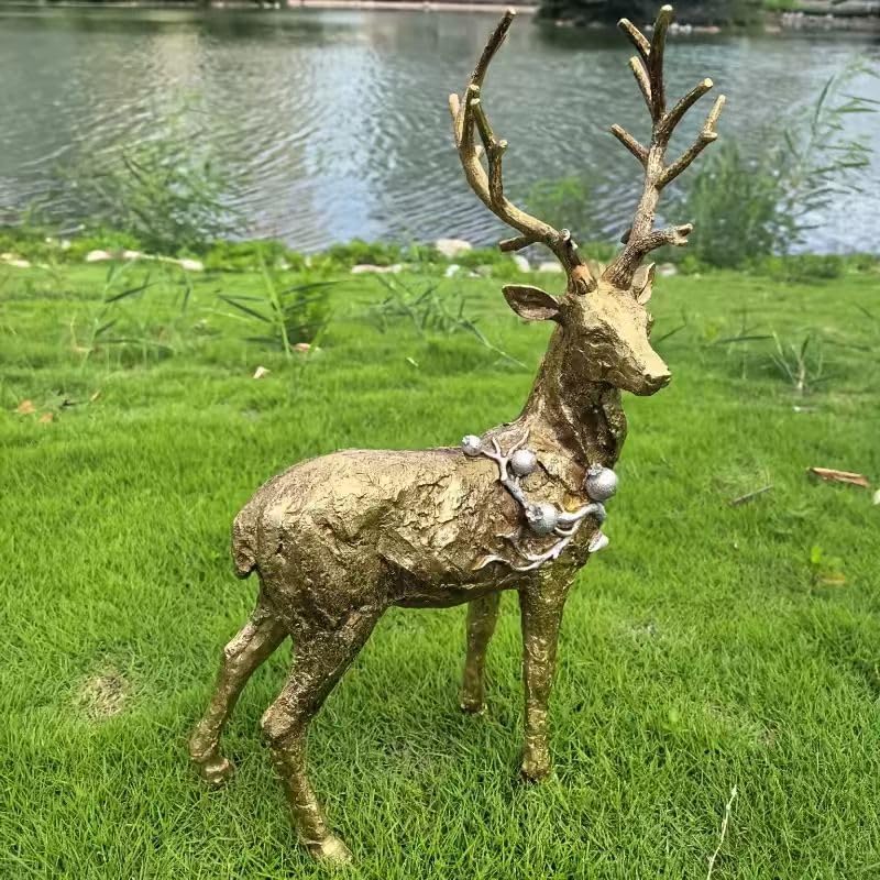 Elegant Golden Deer Sculpture with Large Antlers, Modern Resin Animal Statue with Metallic Finish for Outdoor Garden, Lawn, Patio, Living Room Decor, Striking Christmas & New Year Festival Gift