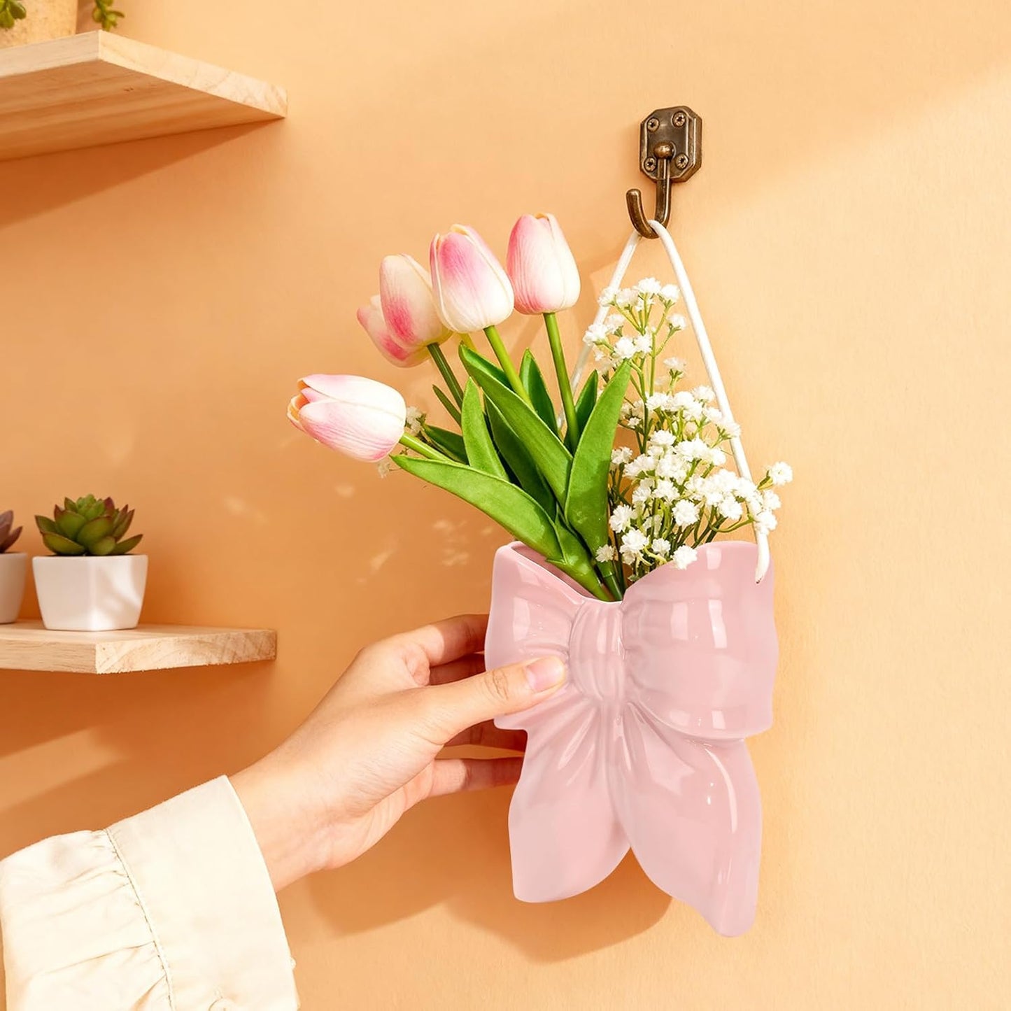 Butterfly Wall Decor Ceramic Hanging Vase, 2 Pack Boho Coquette Planter for Air Plants, Faux Greenery, Home Office Bedroom Indoor Decor, White and Pink