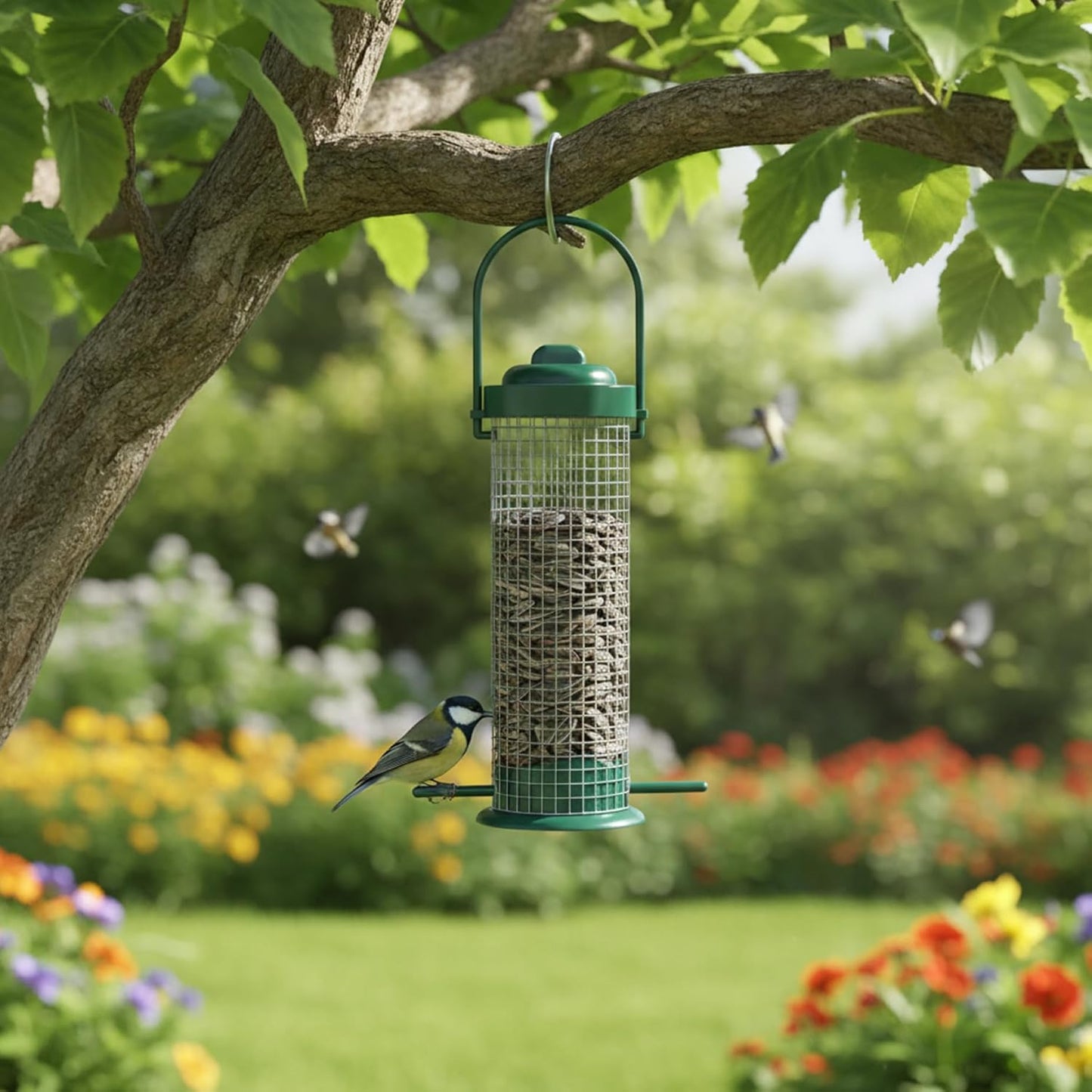Thistle Bird Feeder, Metal Mesh Finch Feeder for Small Birds Outdoor Tube Birdfeeder for Garden, Patio, and Backyard Year-Round Bird Watching