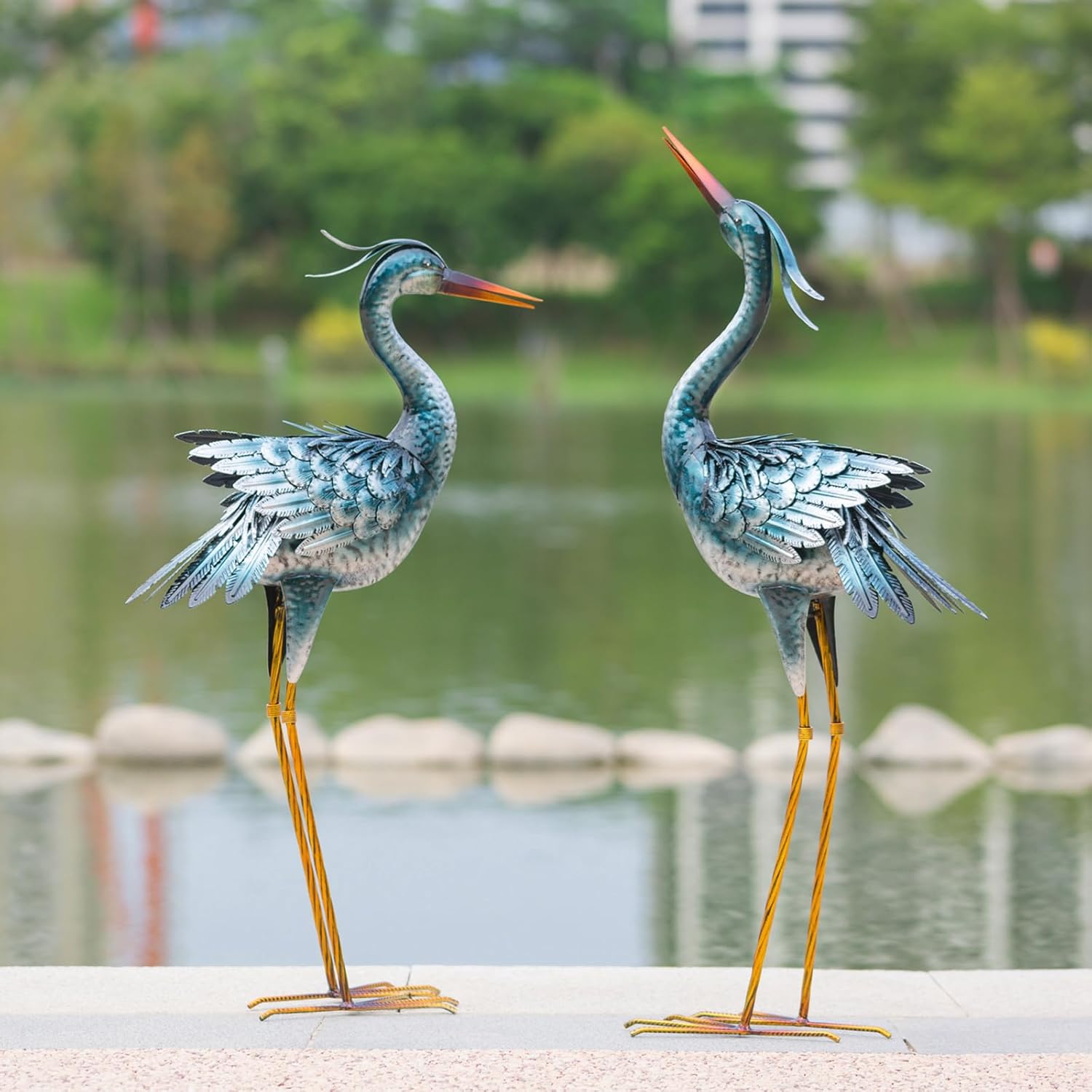 chisheen Large Garden Crane Statues Outdoor Sculptures, Metal Yard Art