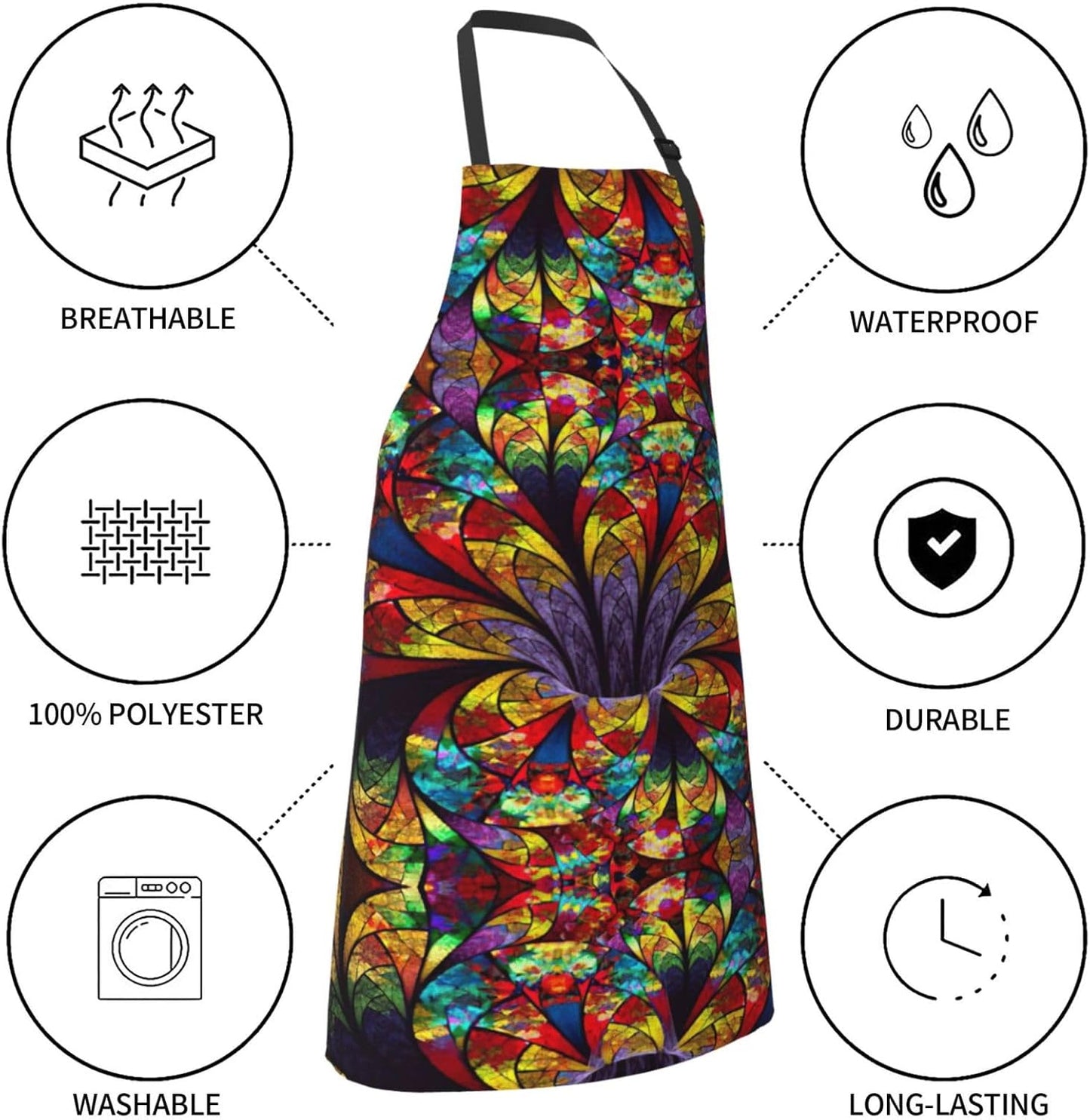 flower stained glass Print Laundry apron 28x33 In Waterproof Kitchen Apron with Pockets for Cooking Baking