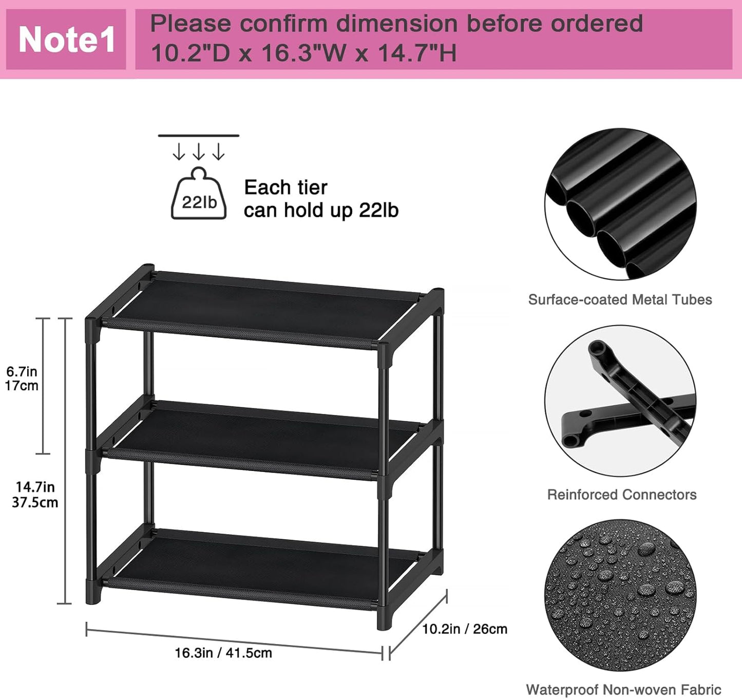 3 Tier Extra Small Shoe Rack (16.3" Wide), Narrow Stackable Shoe Shelf