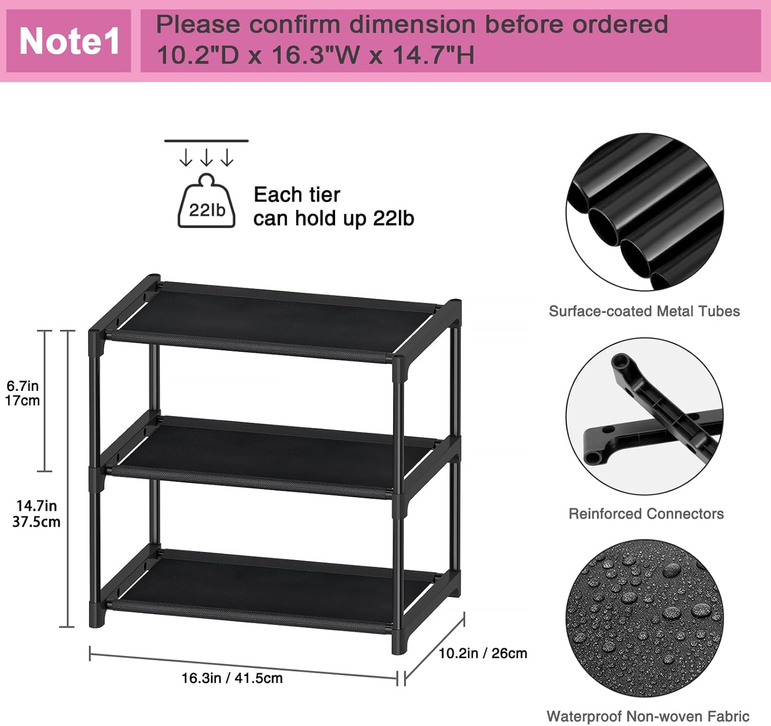 3 Tier Extra Small Shoe Rack (16.3" Wide), Narrow Stackable Shoe Shelf