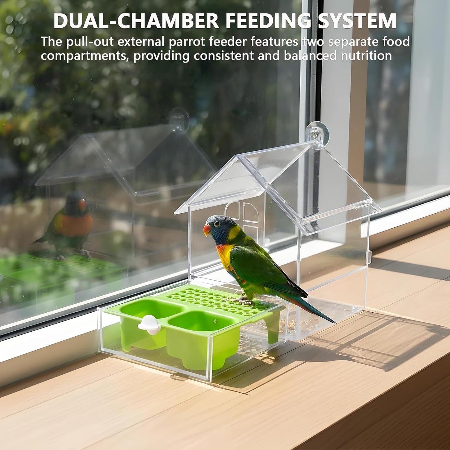 Pull-Out Transparent Bird Feeder with 2 Chambers - Easy Clean Hanging Feeder, Outdoor Window Feeding Station for Watching, Garden Yard Deck