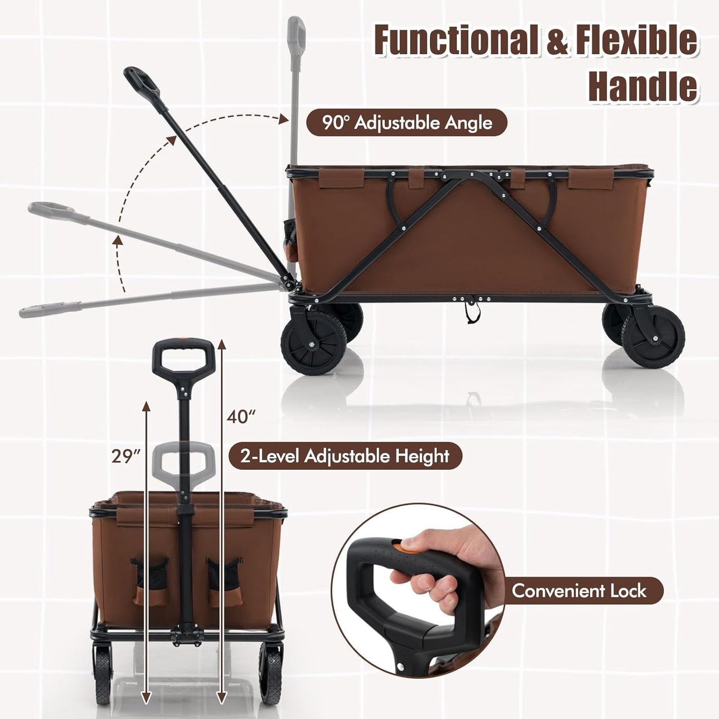 GYMAX Collapsible Wagon Cart Heavy Duty, Beach Wagon with Adjustable Handlebar, Bottle Holders & All-Terrain Wheels, Utility Wagon Foldable for Camping, Shopping, Garden, Sports (Brown)