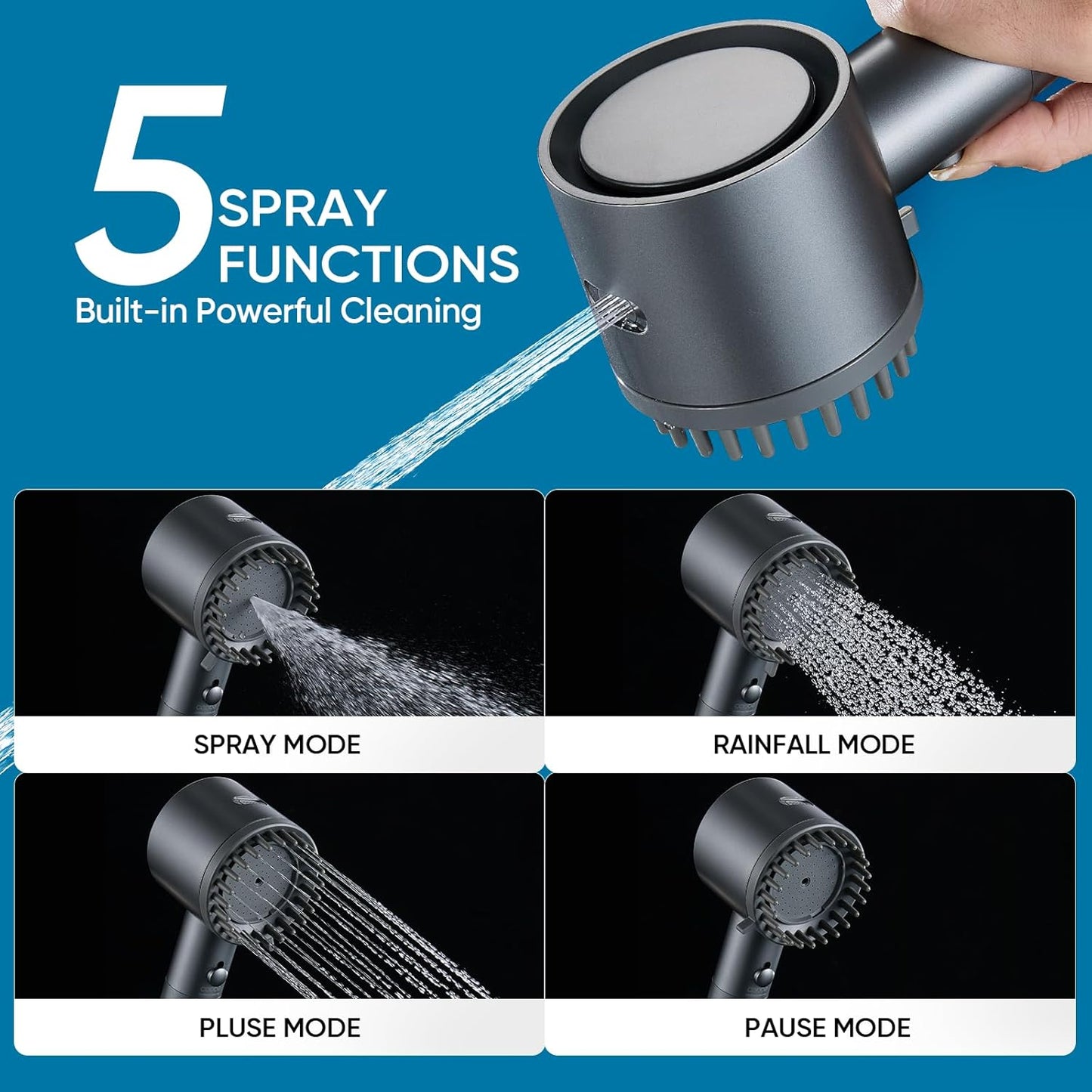 Cobbe Ion Drops Filtered Shower Head with Handheld, High Pressure 4+1 Spray Mode Showerhead with Filters, Built-in Power Wash for Hard Water - Remove Chlorine - Reduces Dry Itchy Skin, Luxury Gray
