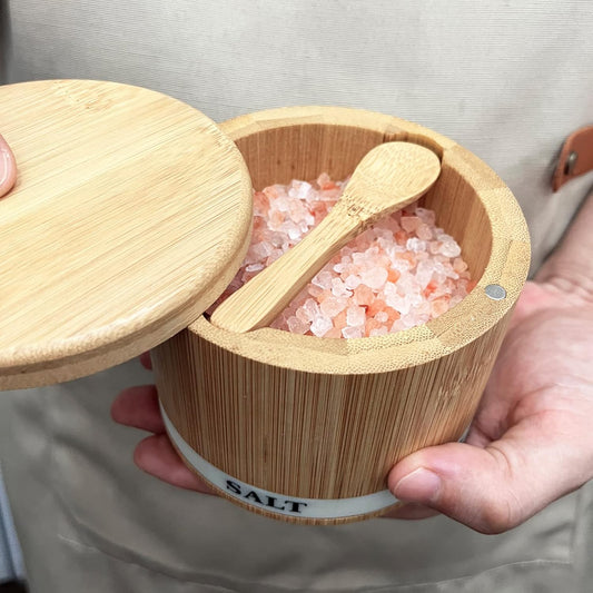 Salt Box Bamboo Salt Container with Swivel Lid with Magnetic to Easily Open and Seal Salt Cellar With Spoon for Storing Salt Pepper Sugar Herbs Small Spice Box