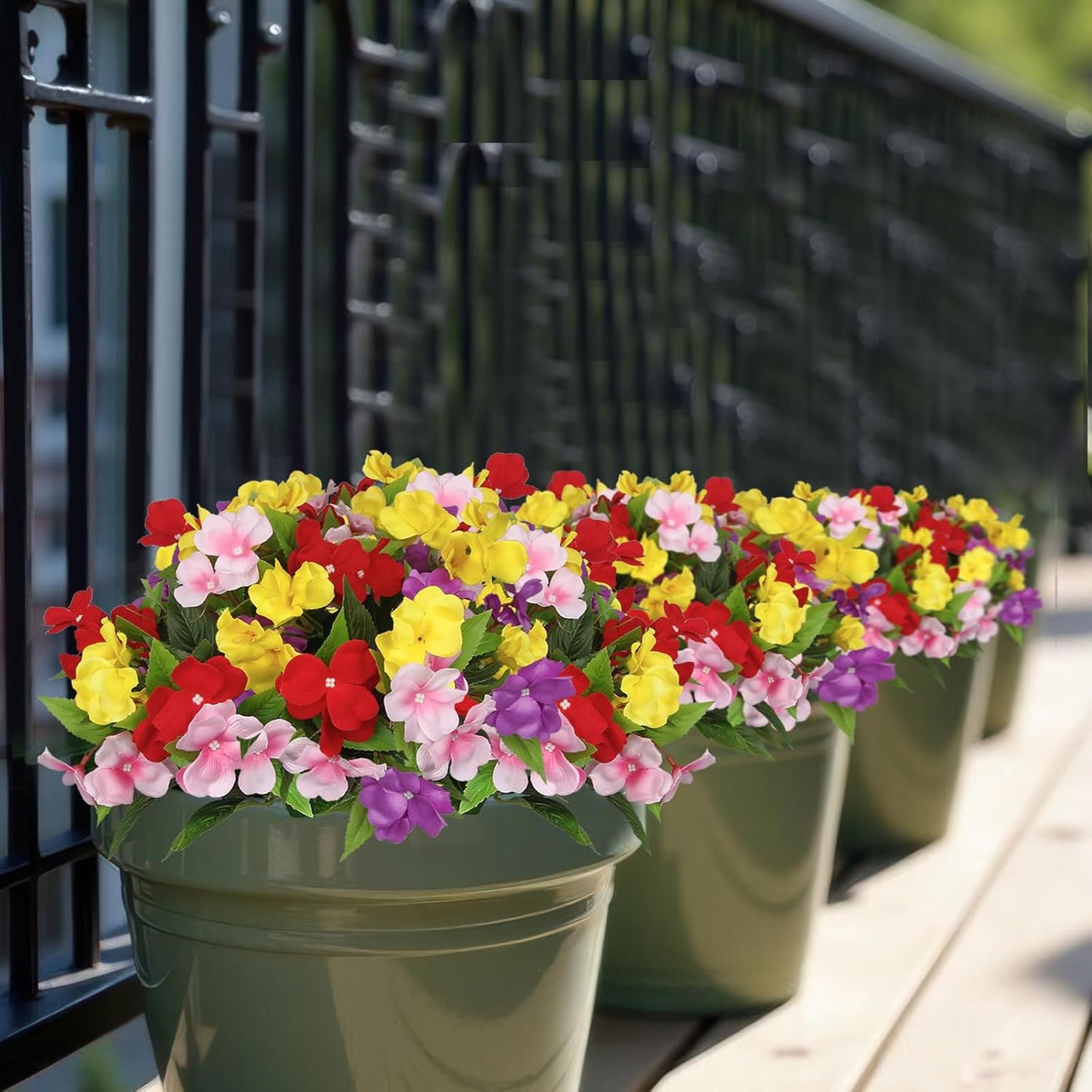 4 Pcs Artificial Flowers for Outdoors Impatiens UV Resistant Silk Flowers Hibiscus Faux Impatiens Flowers for Outdoor Planters Pot Patio Garden Hanging Basket Porch Table Indoor Decor