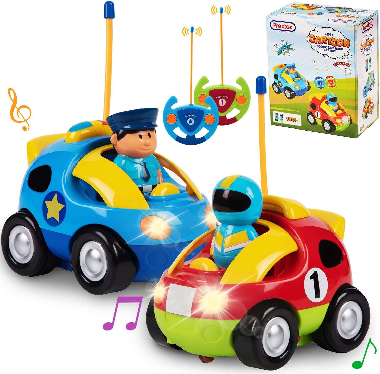 Prextex 2 Pack Cartoon Remote Control Cars for Toddlers - Police Car a