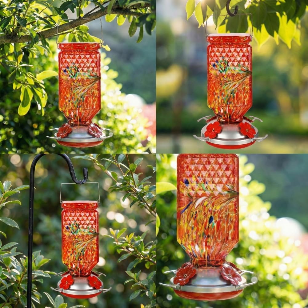 Hand Blown Glass Hummingbird Feeder for Outdoors Hanging Square Chaning Color 38 OZ Humming Birds Feeders with Accessories Gift for Women Mom (Red)