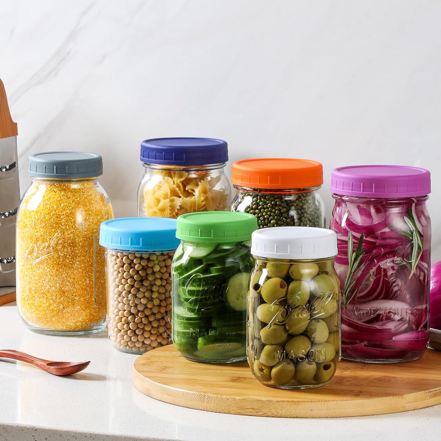 AOZITA 10 WIDE Mouth & 10 REGULAR Mouth Mason Jar Lids - 20 Pack Food Grade Plastic Mason Jar Caps for Ball, Kerr and More Canning Jars - Leakproof & Dishwasher Safe - Multicolor