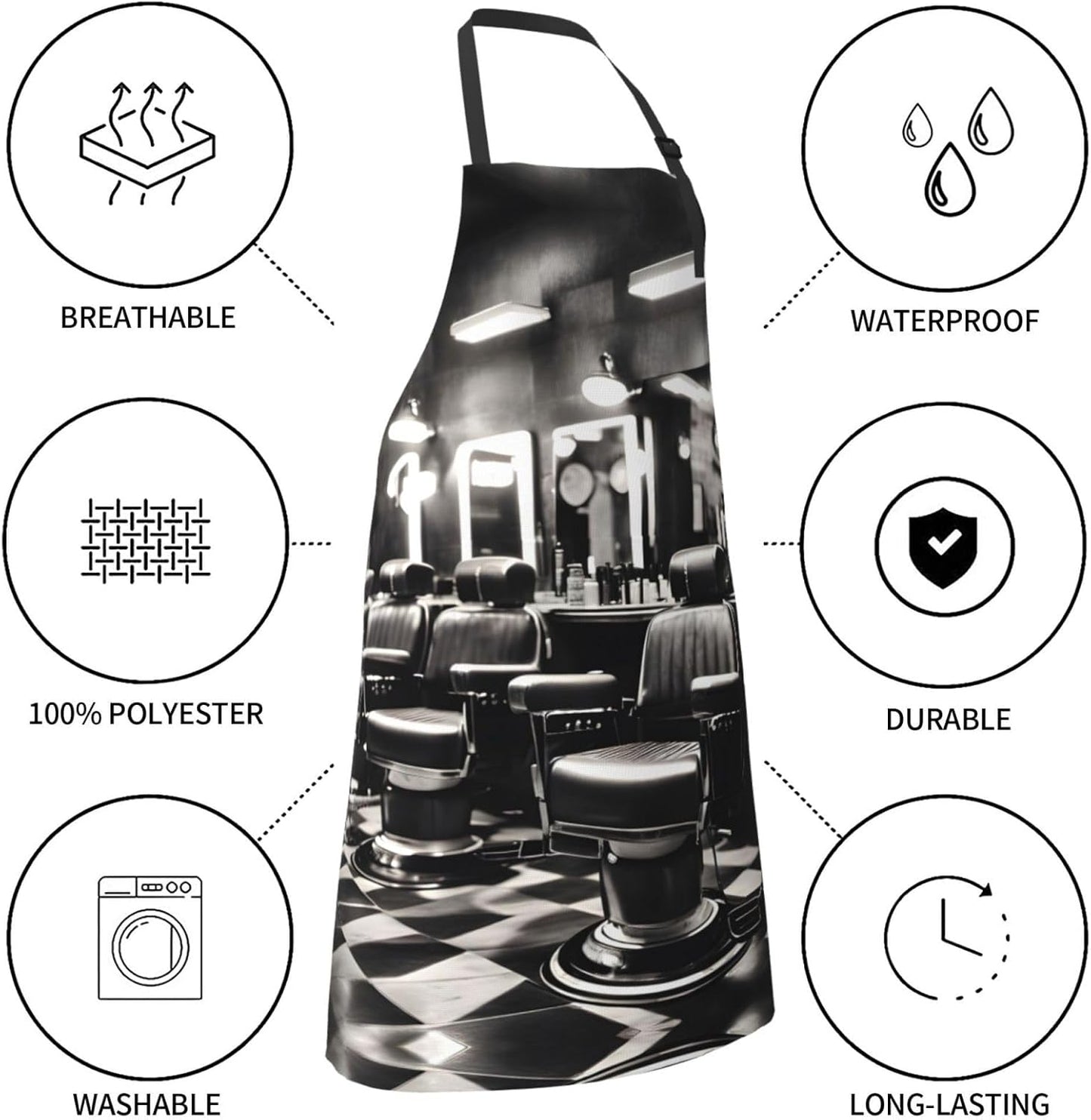 Barber Shop Monochrome Style Print Laundry apron 28x33 In Waterproof Kitchen Apron with Pockets for Cooking Baking