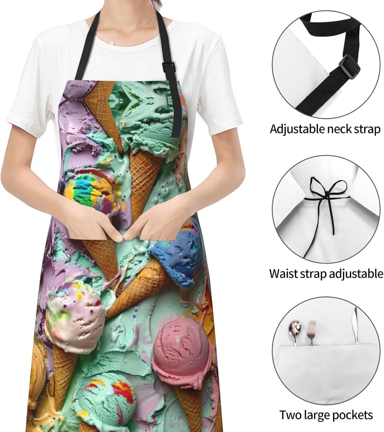 Many colored ice cream print Waterproof chef's apron with pocket apron for kitchen cooking baking barbecue and gardening